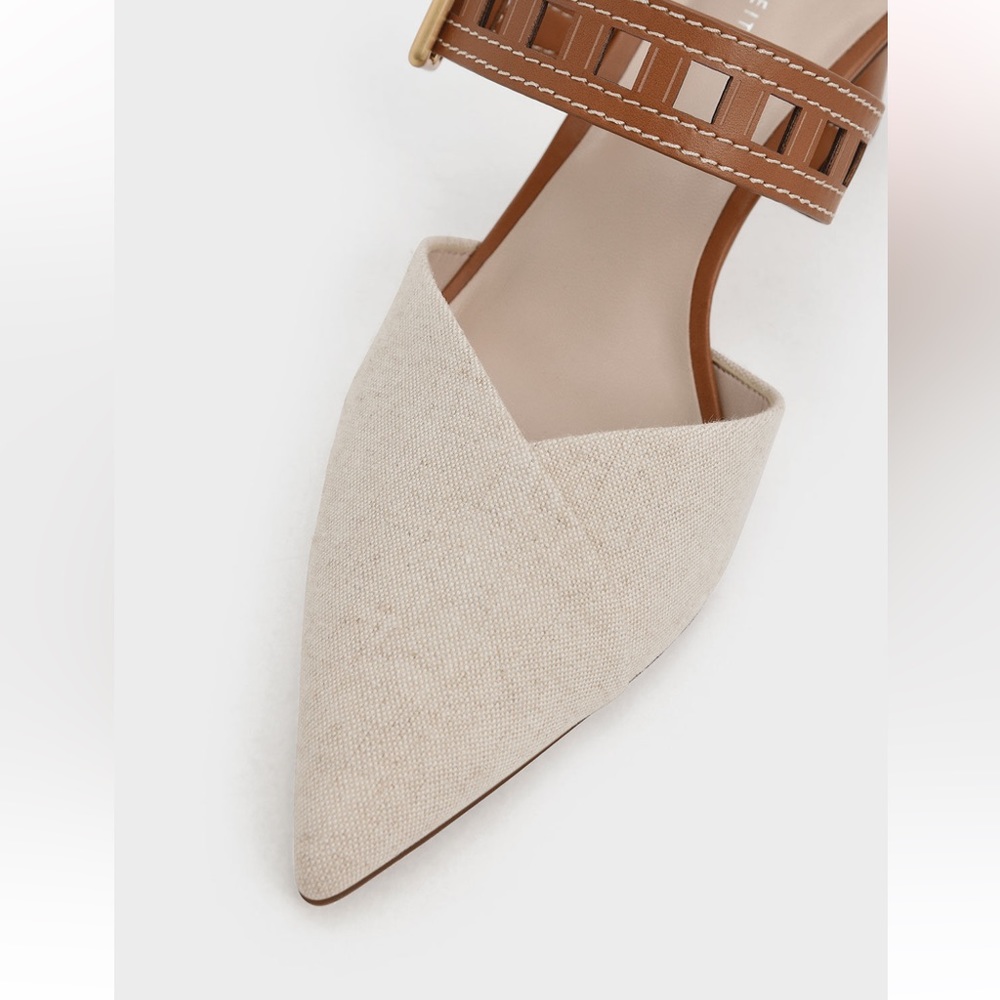 Charles & Keith Beige Pointed-Toe Slingback Heels with Brown Strap - Picture 2 of 10